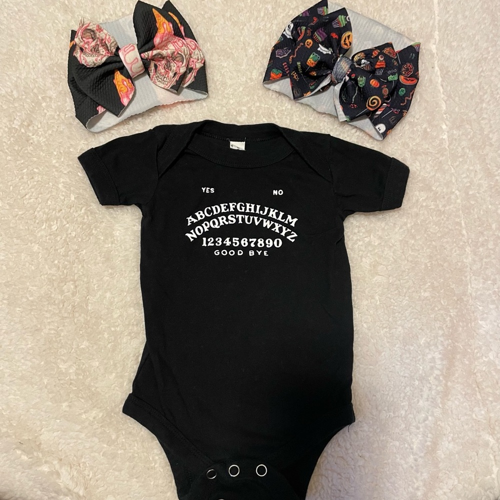 Baby Ouija Board Onesie and Headwraps size 3/6 months